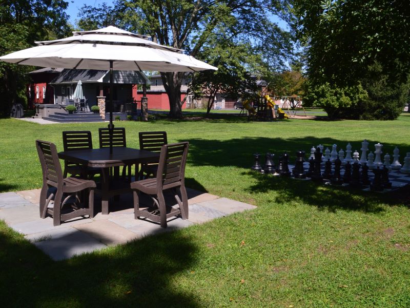 Outdoor seating and a life-sized chess set