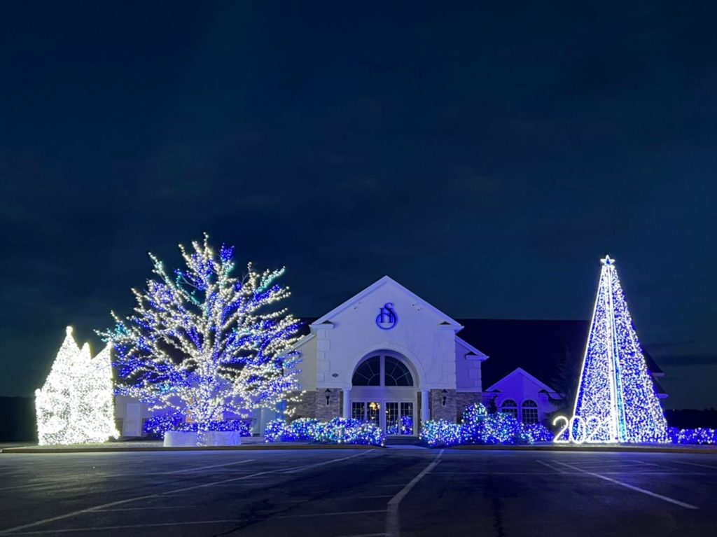 Blue and white Christmas lights decorate the clubhouse at Stone Hedge Golf Course in Tunkhannock, PA