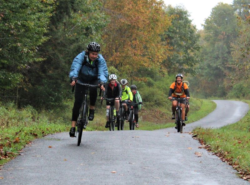 A group of cyclists ride down a road in the Loyalsock State Forest