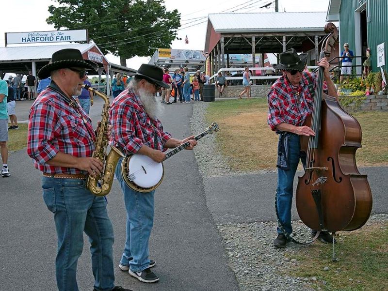 A roving band with a saxophone, banjo, and bass plays at the Harford Fair