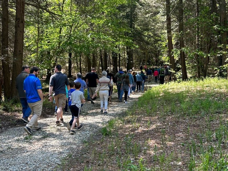 A group walks through the forest at the Loyalsock Foundation's Summit Loop Trail near Laporte