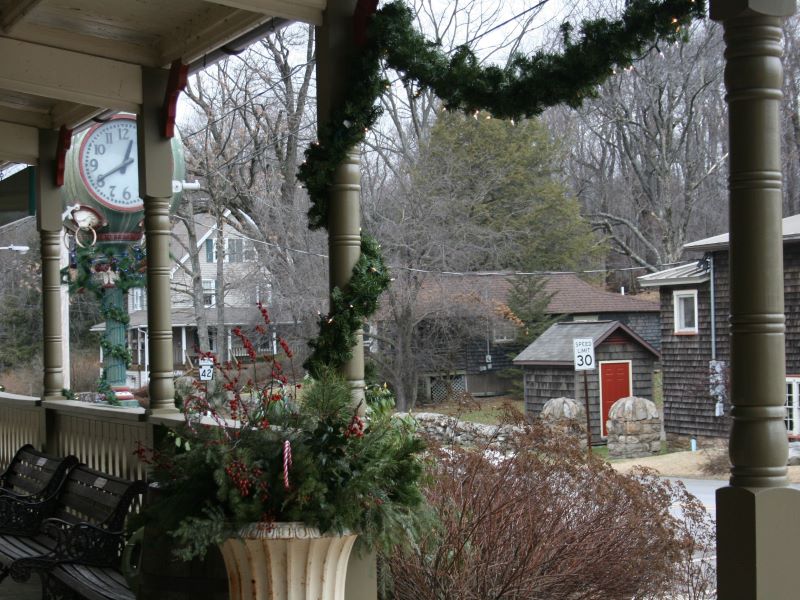 Christmas garland decorates the porch of the Eagles Mere Historic Village