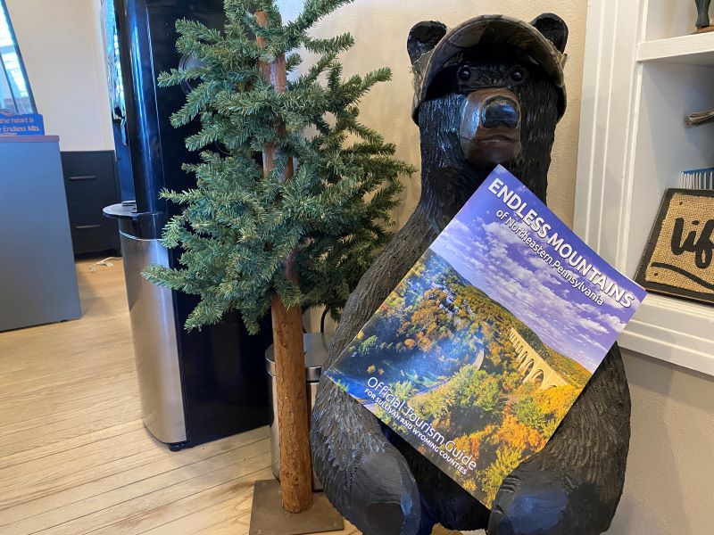A carved wooden bear holds a copy of the Endless Mountains visitors guide