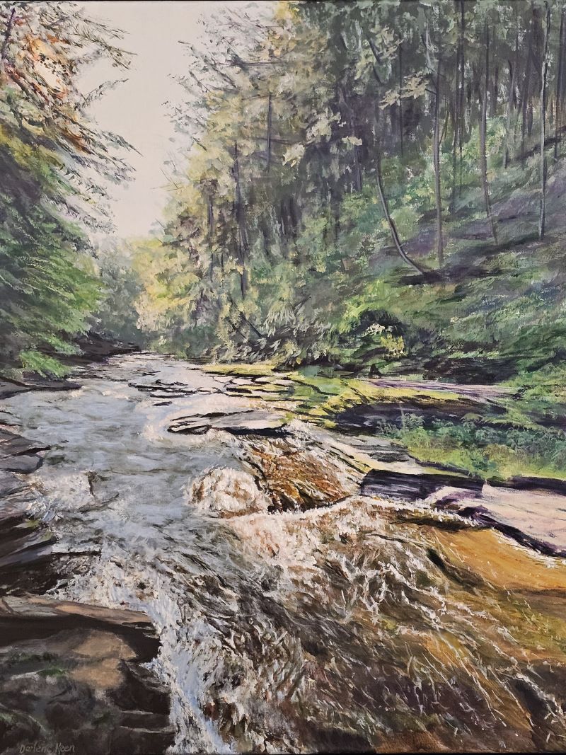 Oil painting of a creek with large rocks in the foreground.