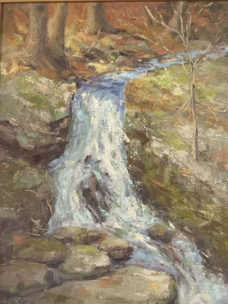 Painting of a waterfall in autumn.